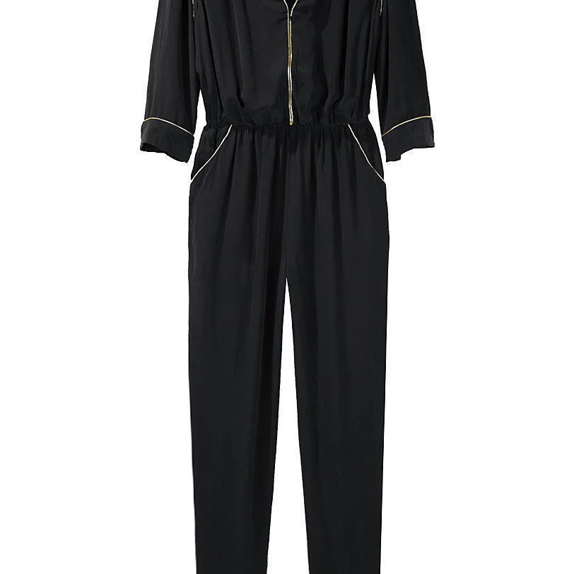 Madras Chic Black Silk Jumpsuit With Gold Accents